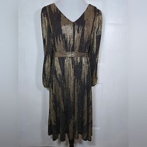 Calvin Klein Black and Gold Metallic Midi Dress Belted